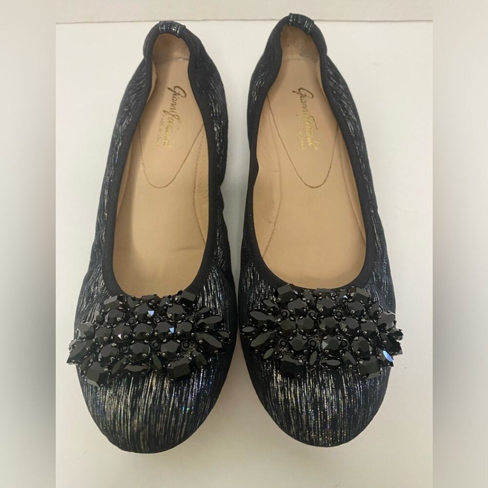 Gianni Ferrante pewter and black detailed flat with Swarovski crystal buckle
